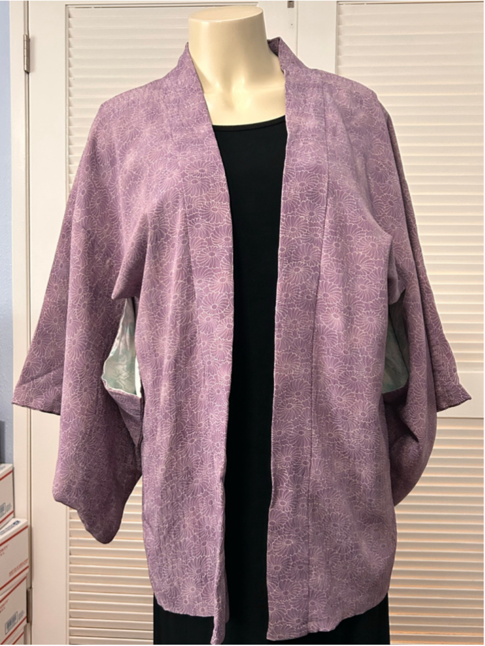 Vintage Lavender Floral Kimono Jacket Boho Japanese Inspired One Size